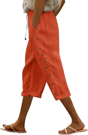 Striped Linen Pants Women Casual Capri Pants Loose Spring Summer Lightweight Drawstring Side Button Pants with Pockets