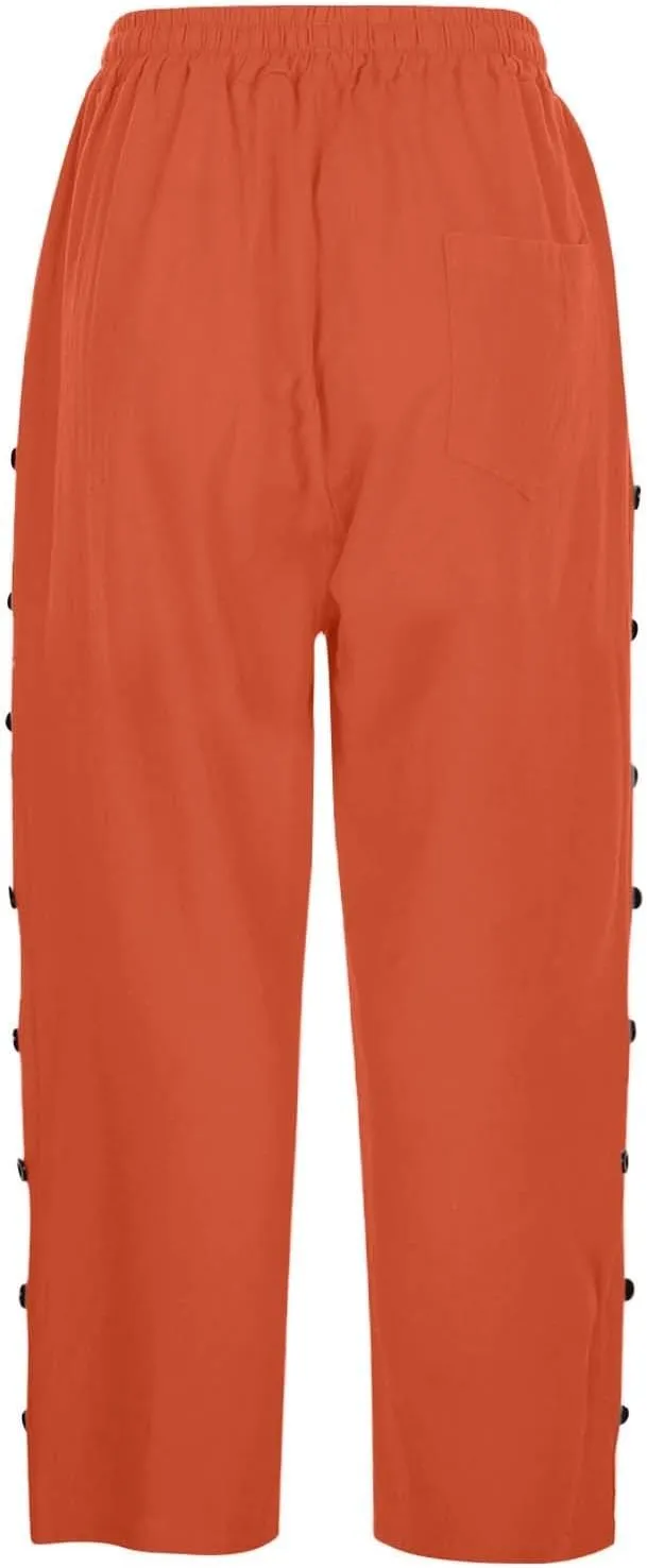 Striped Linen Pants Women Casual Capri Pants Loose Spring Summer Lightweight Drawstring Side Button Pants with Pockets