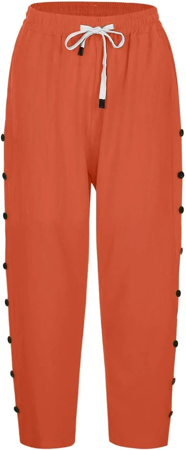 Striped Linen Pants Women Casual Capri Pants Loose Spring Summer Lightweight Drawstring Side Button Pants with Pockets