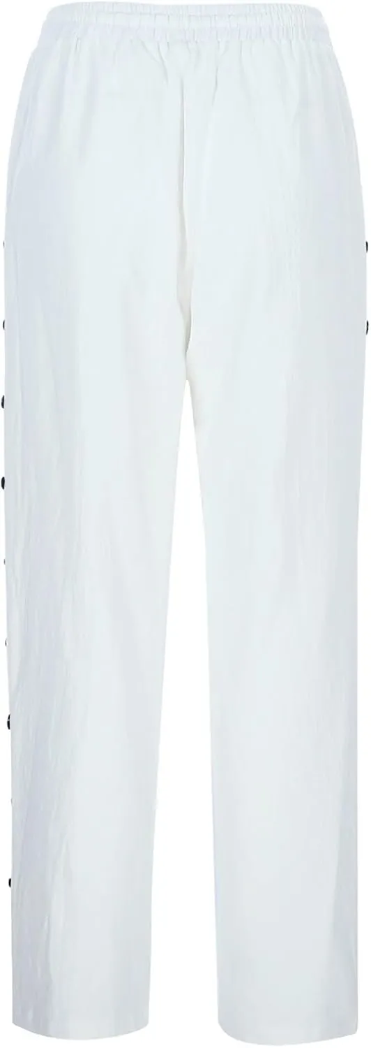 Striped Linen Pants Women Summer Casual Boho Beach Pants Lightweight Elastic Waist Capri Pants Side Button Trousers