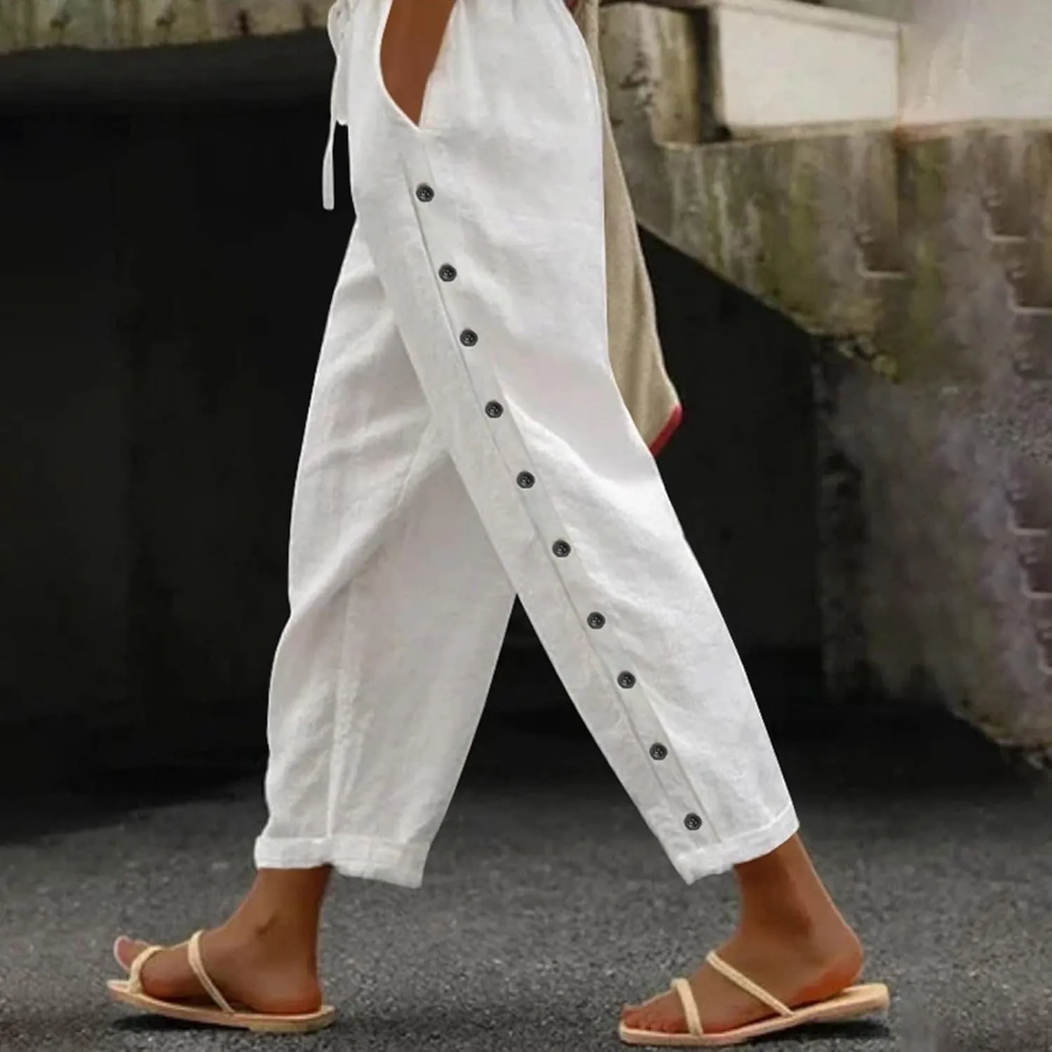 Striped Linen Pants Women Summer Casual Boho Beach Pants Lightweight Elastic Waist Capri Pants Side Button Trousers