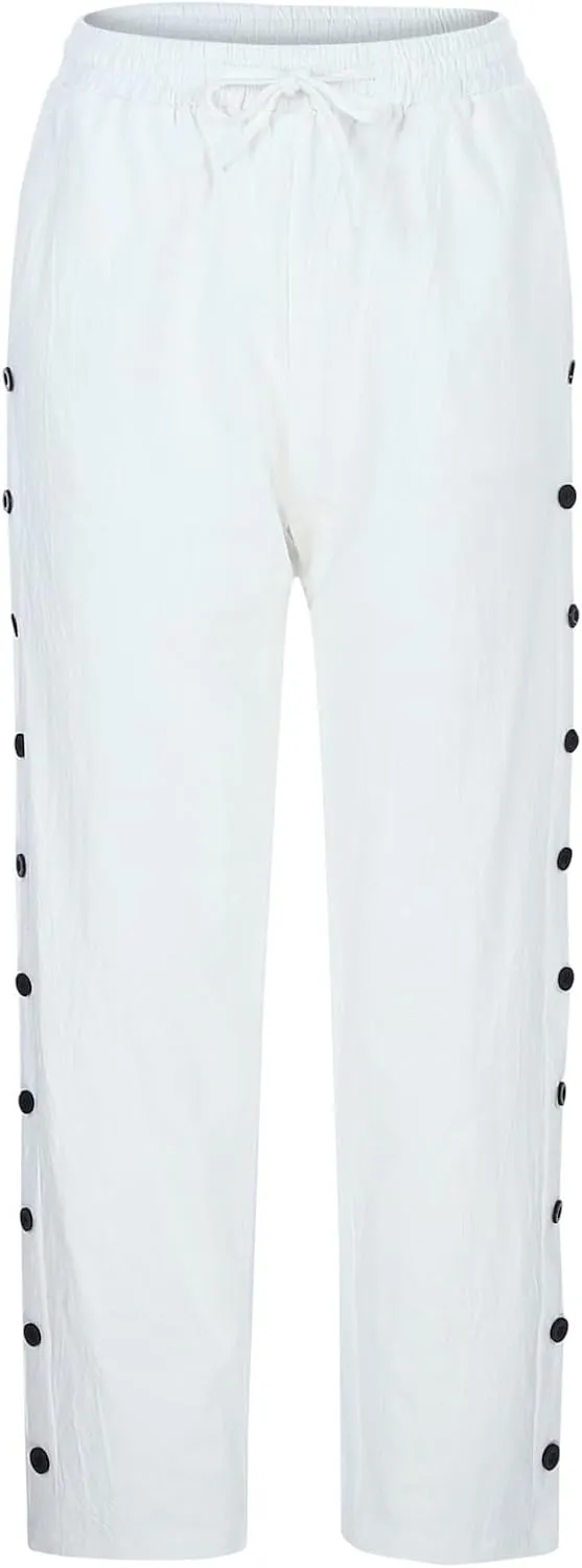 Striped Linen Pants Women Summer Casual Boho Beach Pants Lightweight Elastic Waist Capri Pants Side Button Trousers