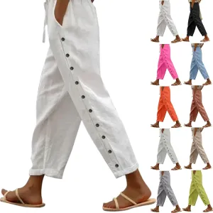 Striped Linen Pants Women Summer Casual Boho Beach Pants Lightweight Elastic Waist Capri Pants Side Button Trousers