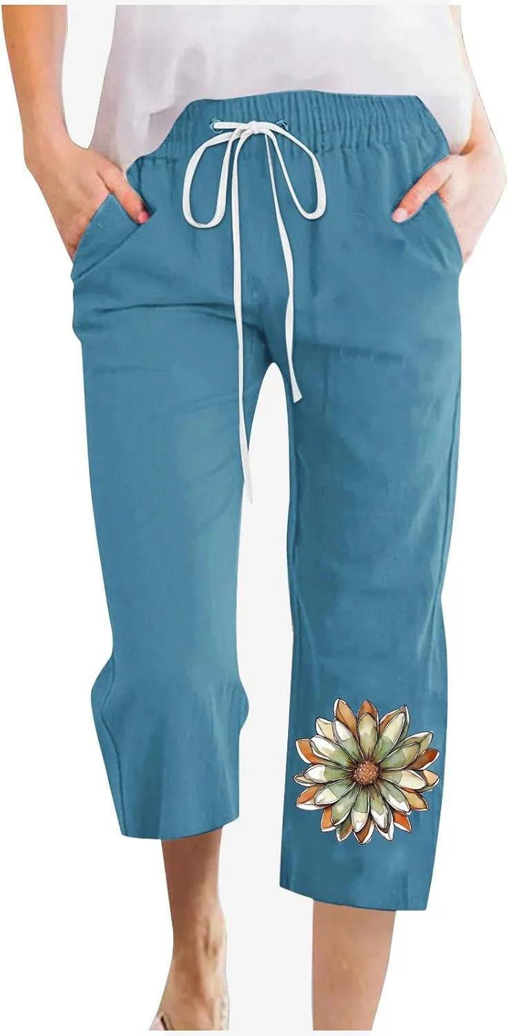 Summer Linen Capri Pants for Women Casual Floral Print Elastic High Waist Pant Straight Leg Cropped Trousers
