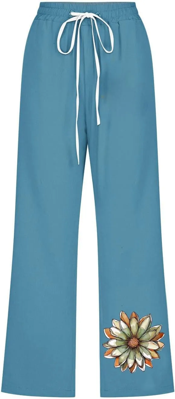 Summer Linen Capri Pants for Women Casual Floral Print Elastic High Waist Pant Straight Leg Cropped Trousers