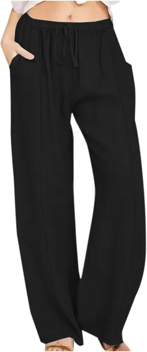 Summer Linen Pants for Women High Waisted Straight Leg Trousers Drawstring Elastic Loose Casual Boho Palazzo Pants