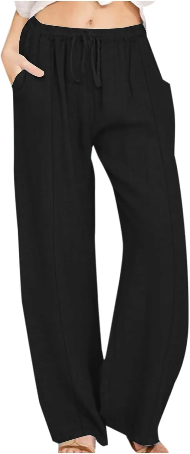 Summer Linen Pants for Women High Waisted Straight Leg Trousers Drawstring Elastic Loose Casual Boho Palazzo Pants