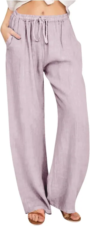 Summer Linen Pants for Women Trendy 2024 High Waist Wide Leg Lounge Trousers Beach Vacation Flowy Pants with Pockets