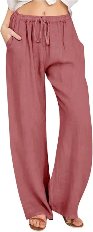 Summer Linen Pants for Women Trendy 2024 High Waist Wide Leg Lounge Trousers Beach Vacation Flowy Pants with Pockets