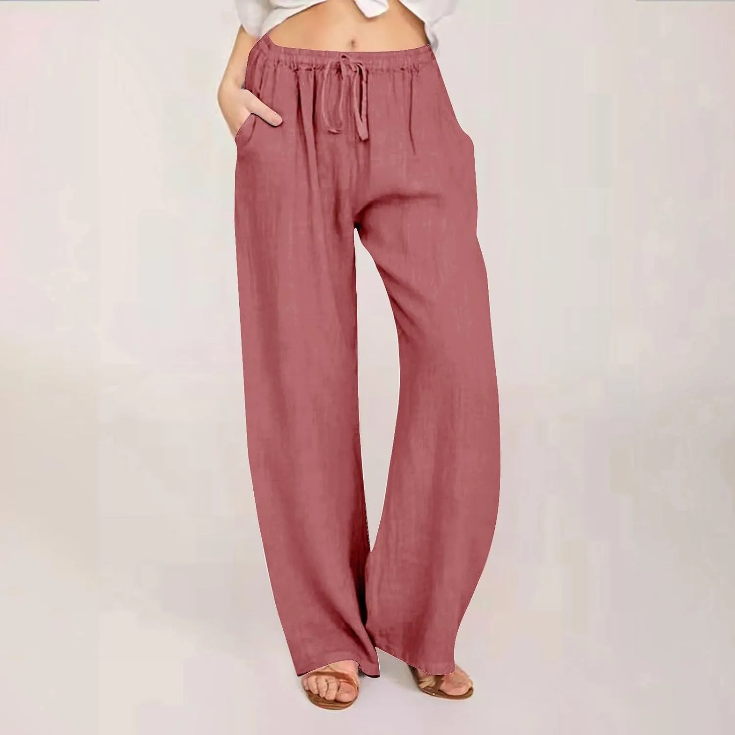 Summer Linen Pants for Women Trendy 2024 High Waist Wide Leg Lounge Trousers Beach Vacation Flowy Pants with Pockets