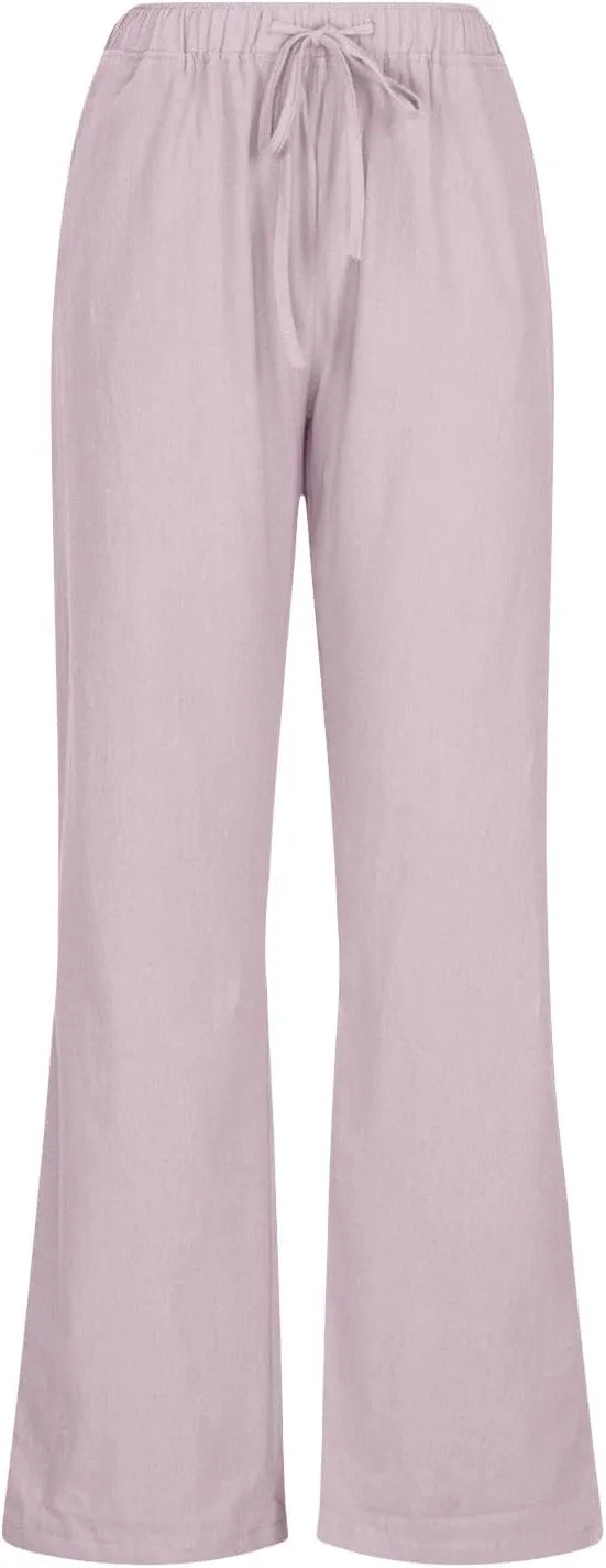 Summer Linen Pants for Women Trendy 2024 High Waist Wide Leg Lounge Trousers Beach Vacation Flowy Pants with Pockets