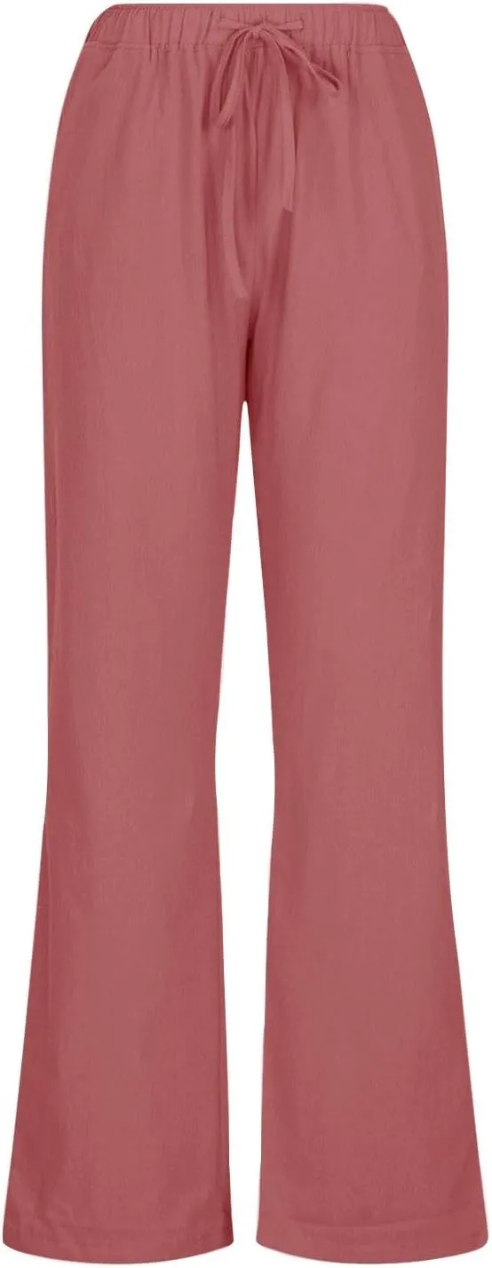 Summer Linen Pants for Women Trendy 2024 High Waist Wide Leg Lounge Trousers Beach Vacation Flowy Pants with Pockets