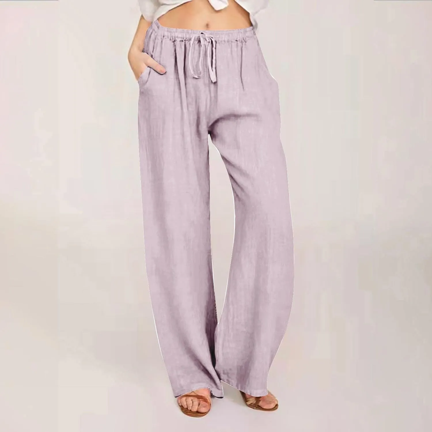 Summer Linen Pants for Women Trendy 2024 High Waist Wide Leg Lounge Trousers Beach Vacation Flowy Pants with Pockets