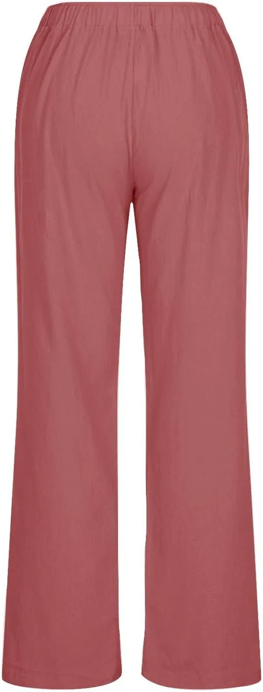 Summer Linen Pants for Women Trendy 2024 High Waist Wide Leg Lounge Trousers Beach Vacation Flowy Pants with Pockets