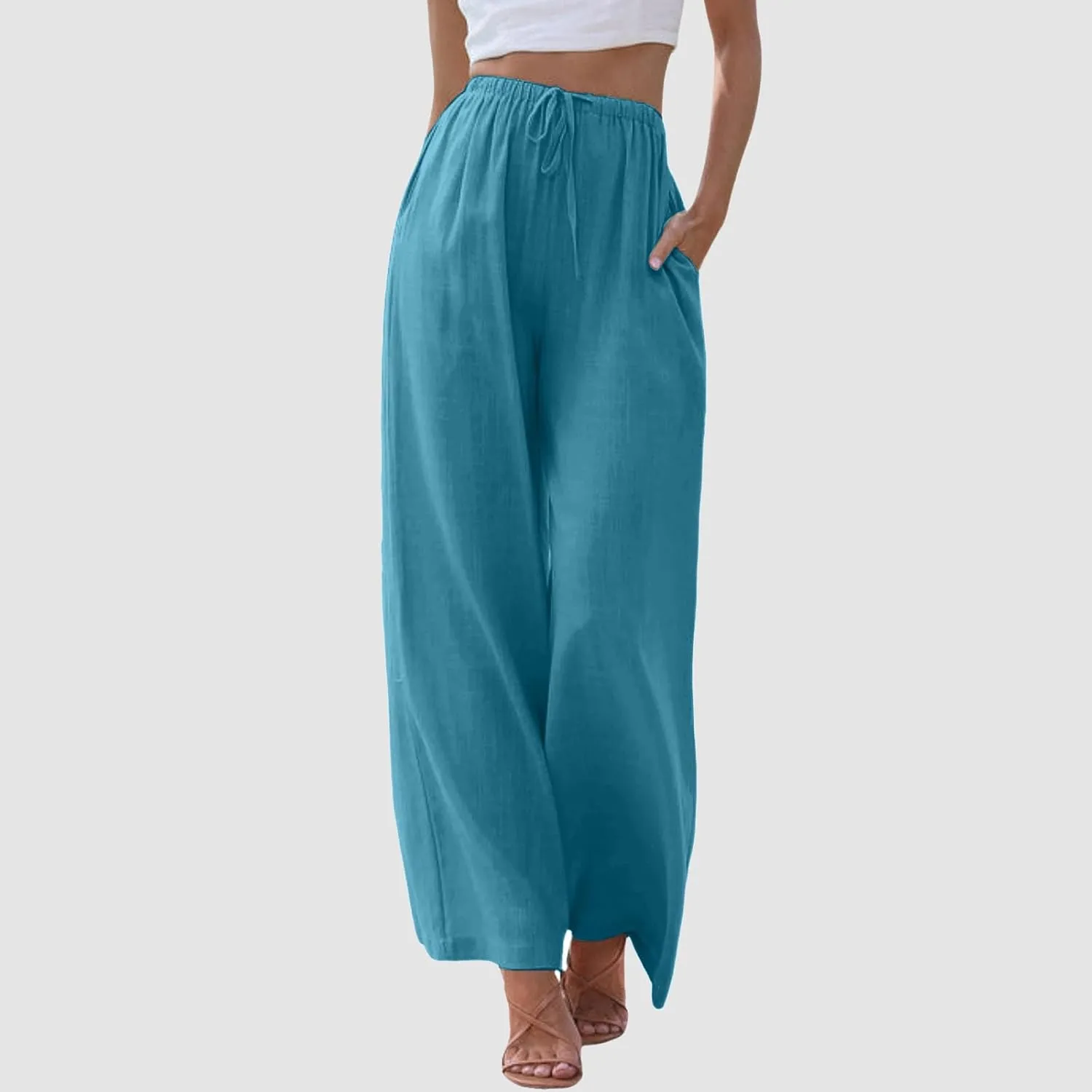Summer Linen Pants for Womens Wide Leg Baggy Casual Drawstring High Waisted Palazzo Harem Trousers with Pockets