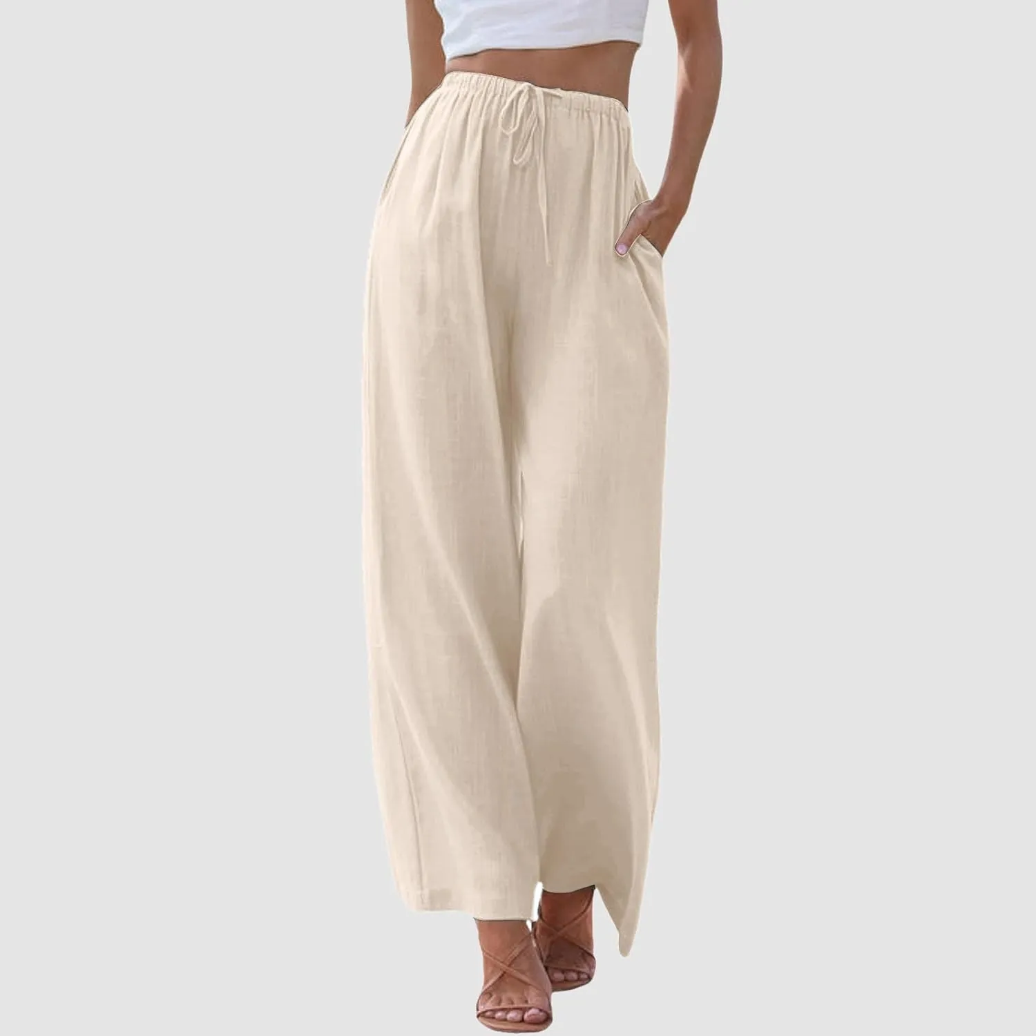 Summer Linen Pants for Womens Wide Leg Baggy Casual Drawstring High Waisted Palazzo Harem Trousers with Pockets