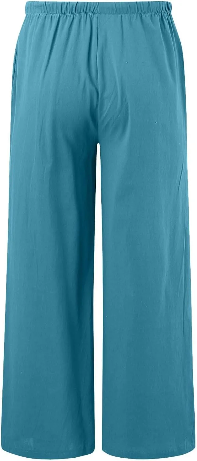 Summer Linen Pants for Womens Wide Leg Baggy Casual Drawstring High Waisted Palazzo Harem Trousers with Pockets