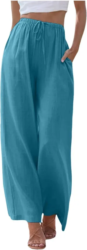 Summer Linen Pants for Womens Wide Leg Baggy Casual Drawstring High Waisted Palazzo Harem Trousers with Pockets