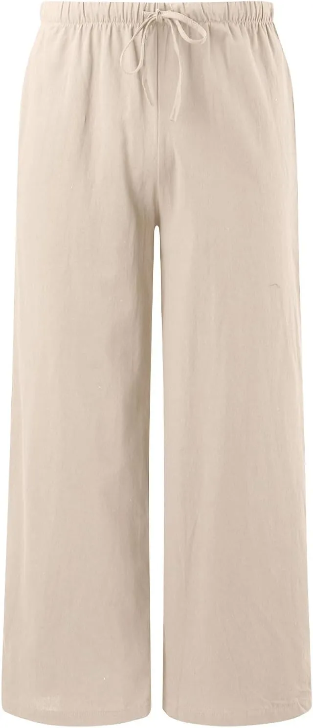 Summer Linen Pants for Womens Wide Leg Baggy Casual Drawstring High Waisted Palazzo Harem Trousers with Pockets
