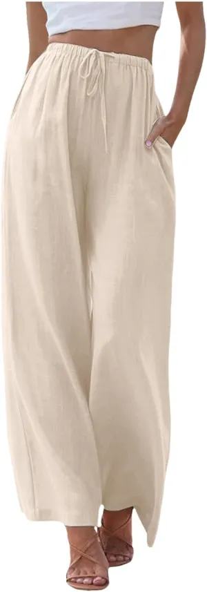 Summer Linen Pants for Womens Wide Leg Baggy Casual Drawstring High Waisted Palazzo Harem Trousers with Pockets