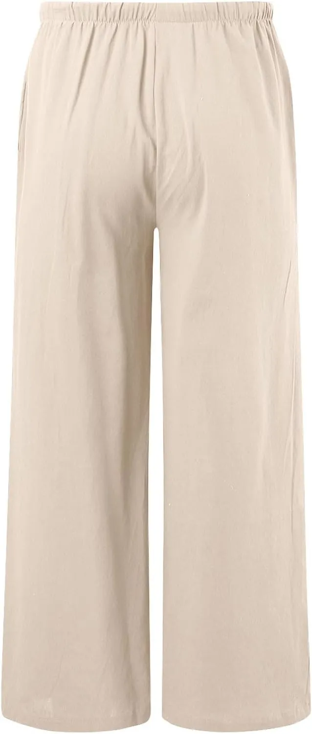 Summer Linen Pants for Womens Wide Leg Baggy Casual Drawstring High Waisted Palazzo Harem Trousers with Pockets