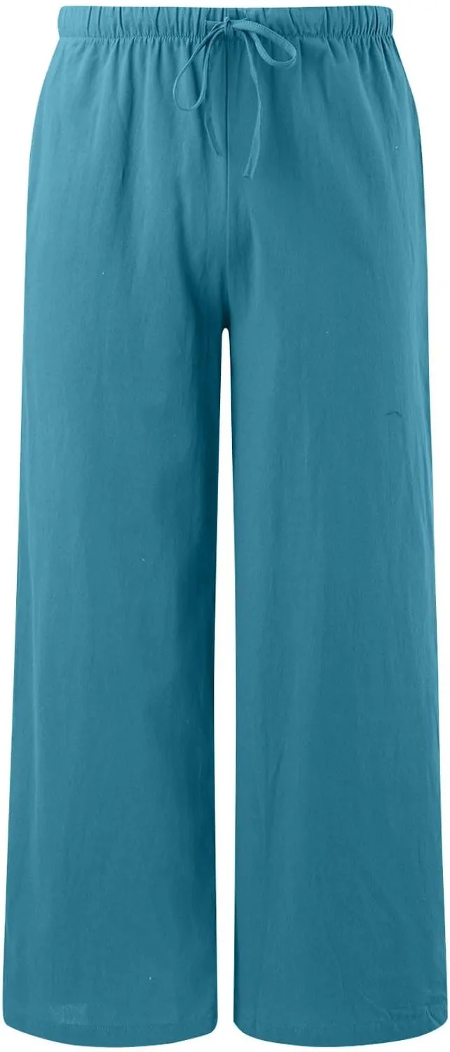 Summer Linen Pants for Womens Wide Leg Baggy Casual Drawstring High Waisted Palazzo Harem Trousers with Pockets