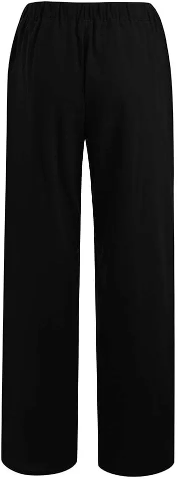 Summer Linen Pants Women Lightweight Wide Leg Palazzo Pants Loose Fit Drawstring Flowy Lounge Trousers with Pockets