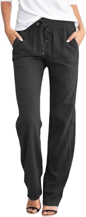 Summer Pants For Women 2024 Trendy Pull On Casual Linen Pants 2024 Drawstring Lightweight Relax Fit Lounge Trouser