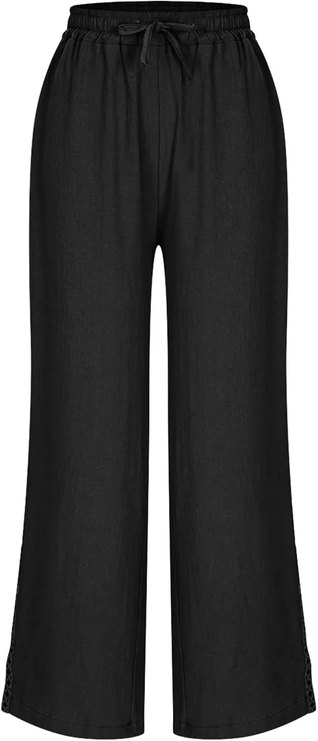 Summer Pants for Women Belted Elastic High Waist Boho Trousers with Pockets Lightweight Drawstring Trendy Outfits