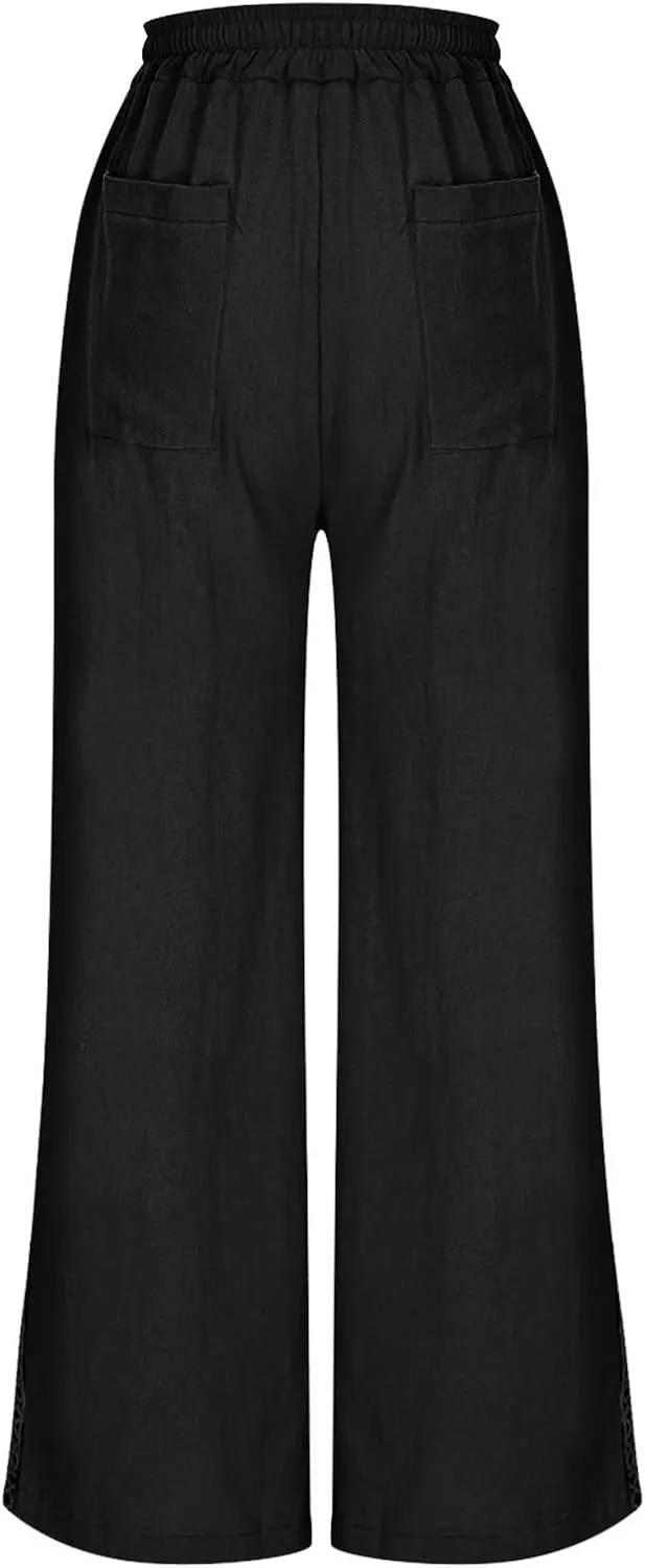 Summer Pants for Women Belted Elastic High Waist Boho Trousers with Pockets Lightweight Drawstring Trendy Outfits