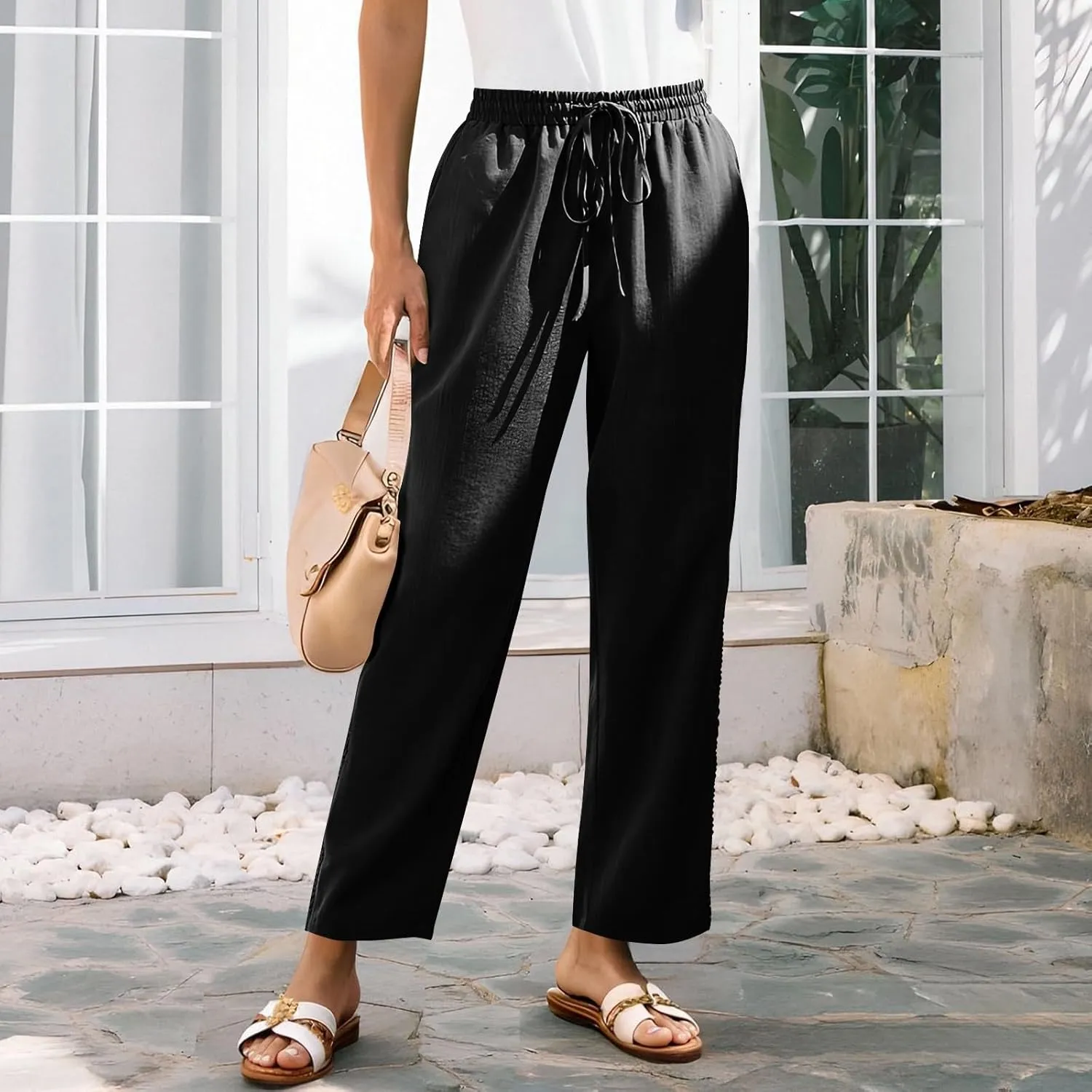Summer Pants for Women Belted Elastic High Waist Boho Trousers with Pockets Lightweight Drawstring Trendy Outfits