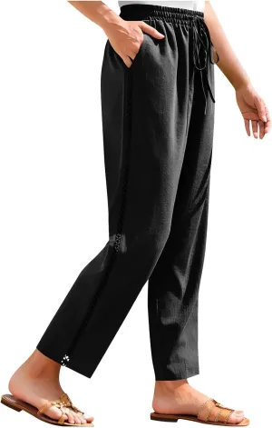Summer Pants for Women Belted Elastic High Waist Boho Trousers with Pockets Lightweight Drawstring Trendy Outfits