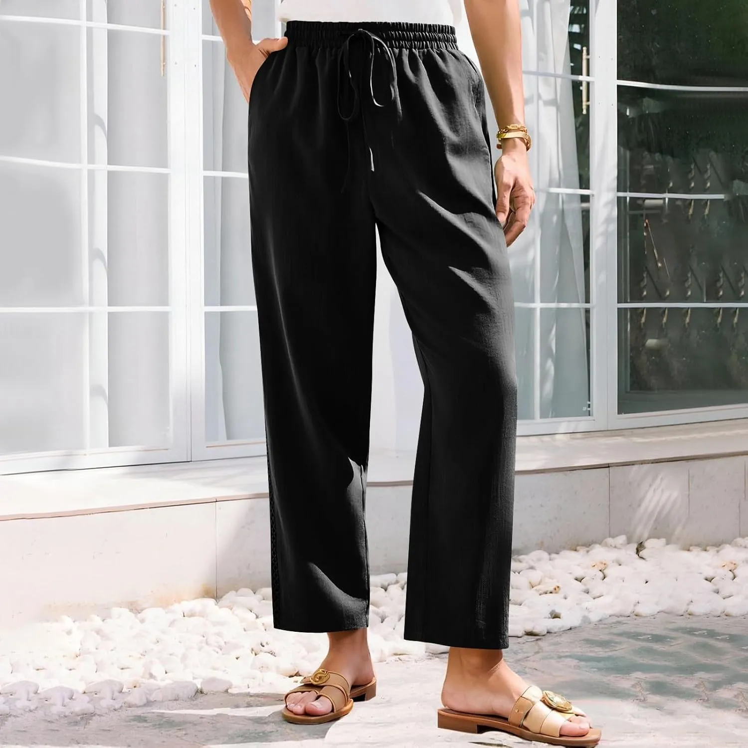 Summer Pants for Women Belted Elastic High Waist Boho Trousers with Pockets Lightweight Drawstring Trendy Outfits