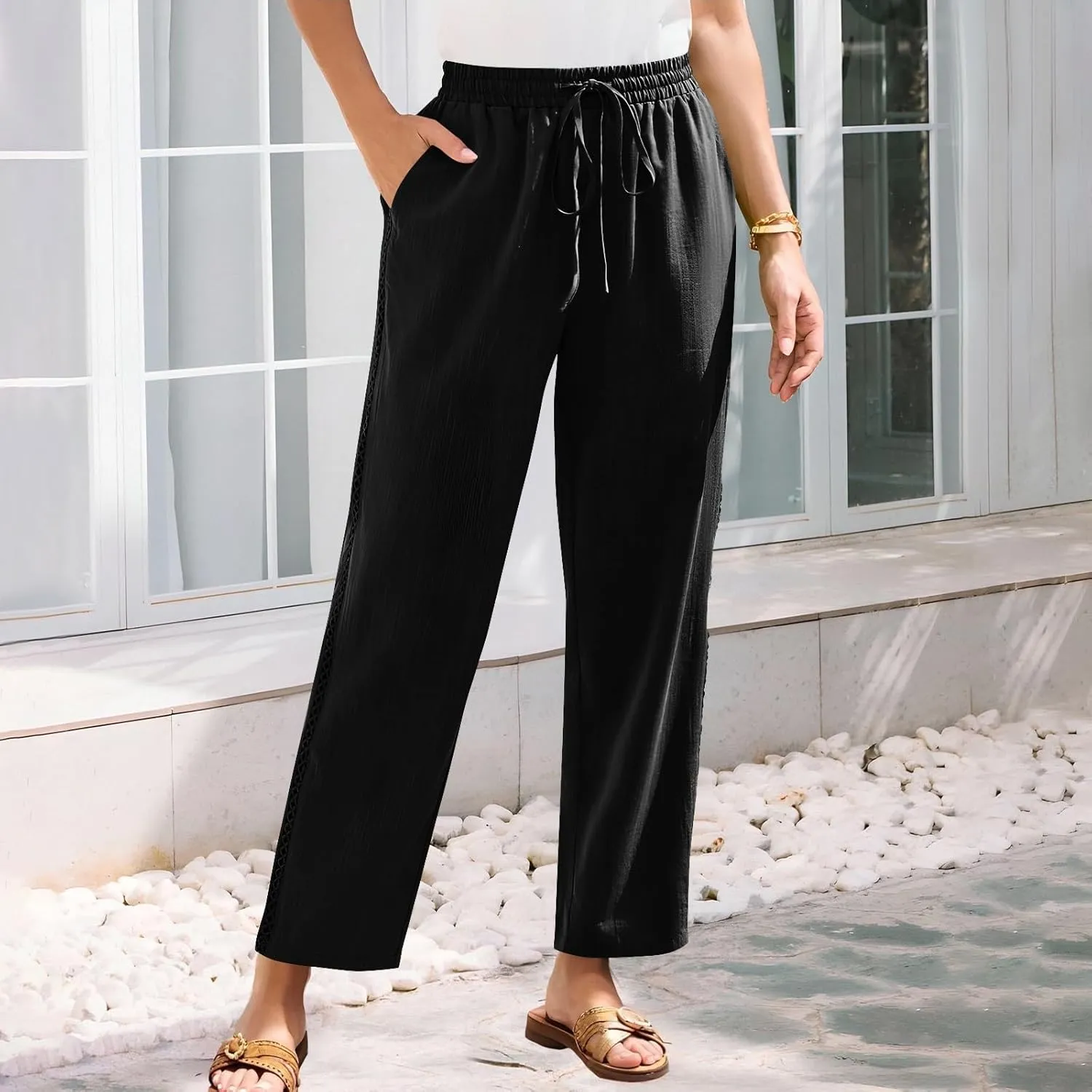 Summer Pants for Women Belted Elastic High Waist Boho Trousers with Pockets Lightweight Drawstring Trendy Outfits