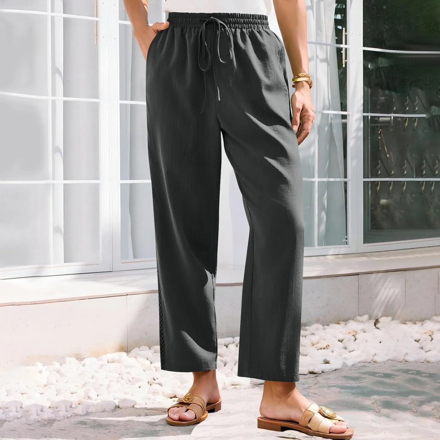 Summer Pants for Women Belted Elastic High Waist Boho Trousers with Pockets Lightweight Drawstring Trendy Outfits