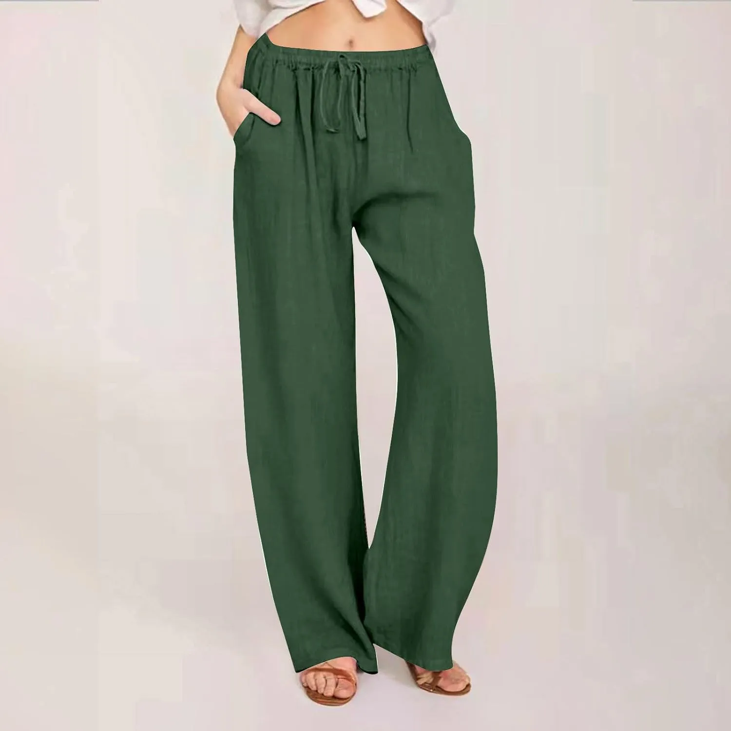 Summer Pants for Women Linen Lounge Drawstring Wide Leg Pants 2025 Trendy Comfy Elastic High Waisted Trousers