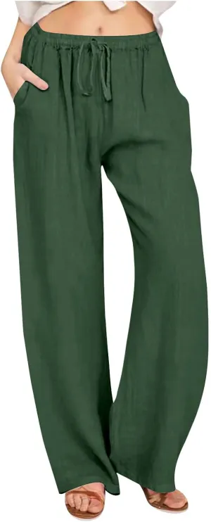 Summer Pants for Women Linen Lounge Drawstring Wide Leg Pants 2025 Trendy Comfy Elastic High Waisted Trousers