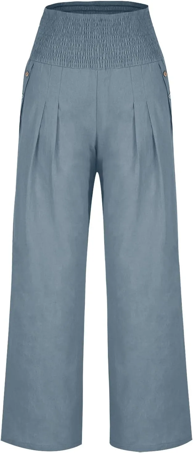 Summer Pants for Women Trendy 2024 High Waist Wide Leg Palazzo Pant Casual Loose Cotton Linen Lounge Trousers