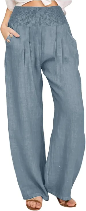 Summer Pants for Women Trendy 2024 High Waist Wide Leg Palazzo Pant Casual Loose Cotton Linen Lounge Trousers