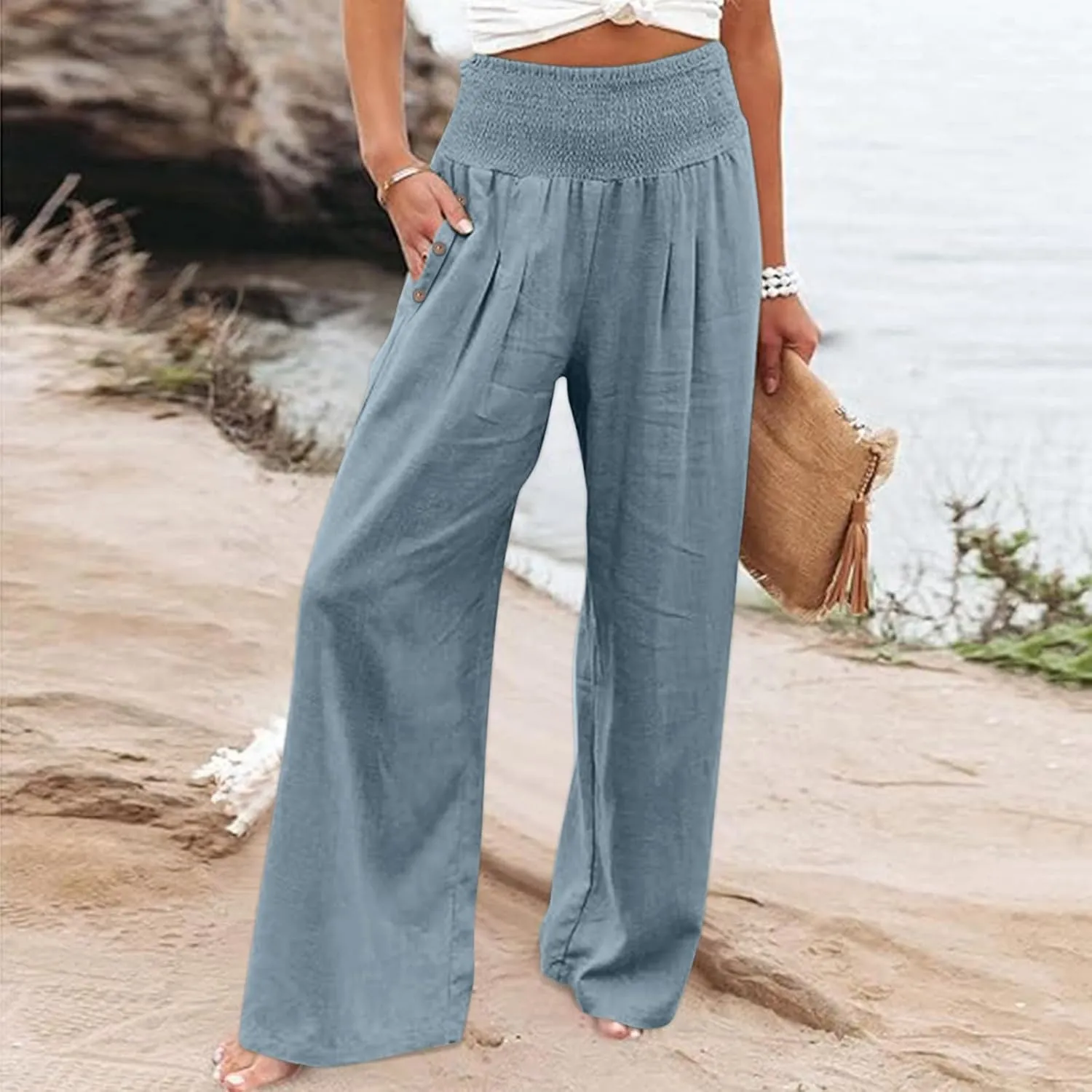 Summer Pants for Women Trendy 2024 High Waist Wide Leg Palazzo Pant Casual Loose Cotton Linen Lounge Trousers