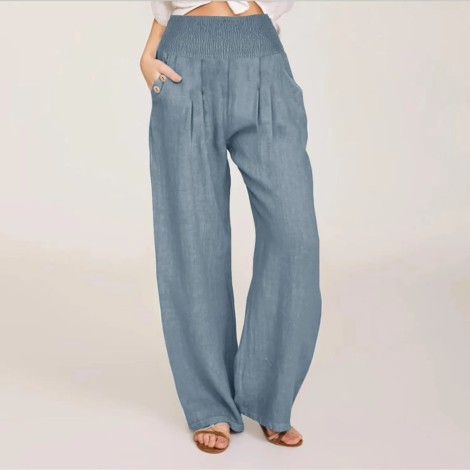 Summer Pants for Women Trendy 2024 High Waist Wide Leg Palazzo Pant Casual Loose Cotton Linen Lounge Trousers