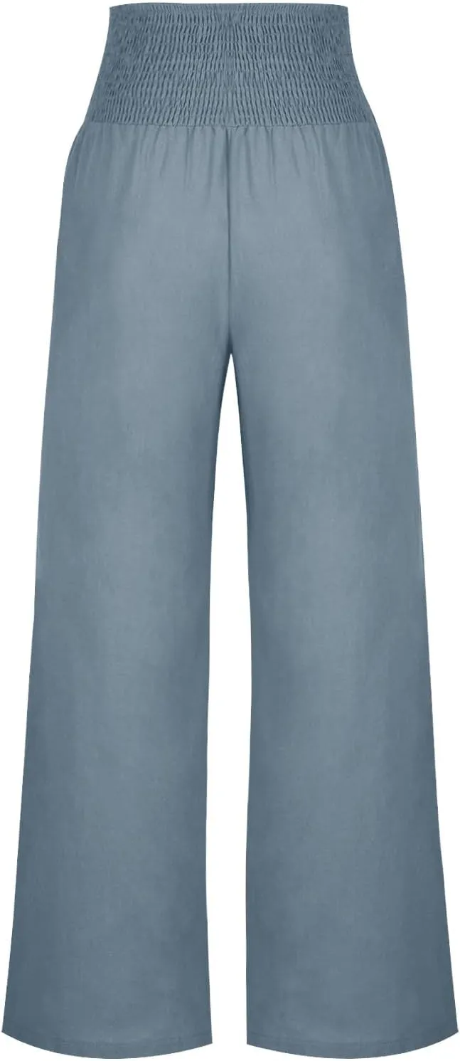 Summer Pants for Women Trendy 2024 High Waist Wide Leg Palazzo Pant Casual Loose Cotton Linen Lounge Trousers
