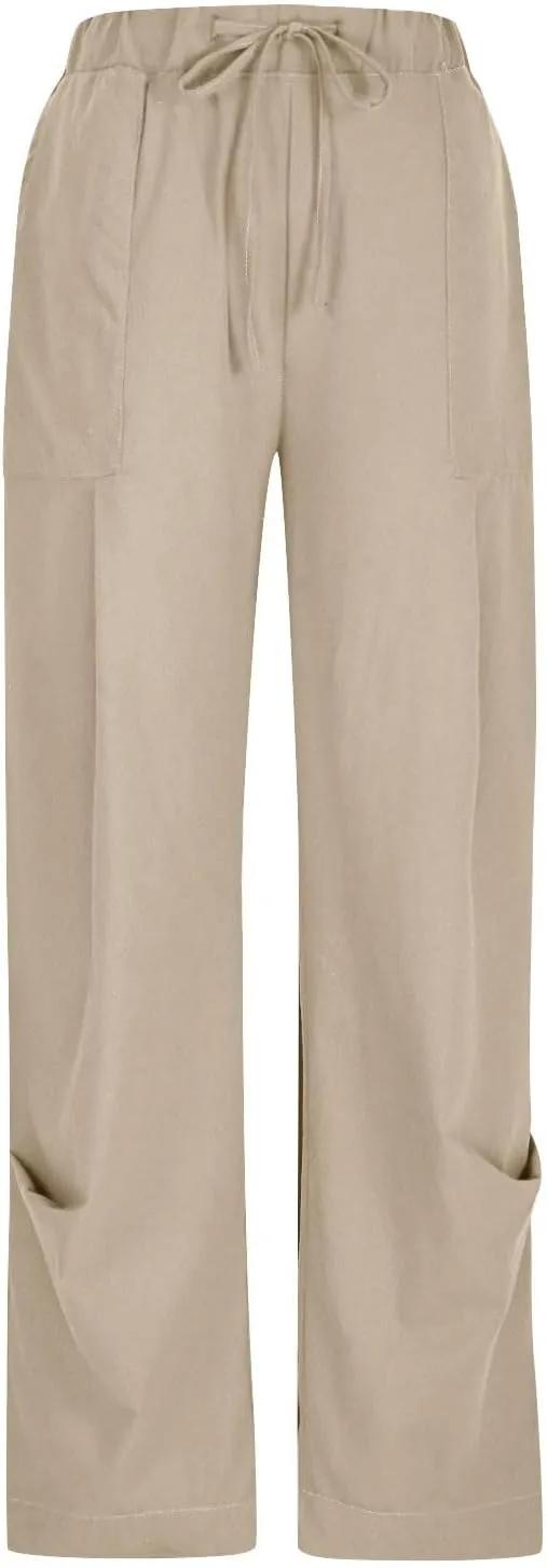Summer Pants for Womens Cotton Linen Drawstring Straight Leg Trousers Loose Fit Breathable Outing Pants with Pockets