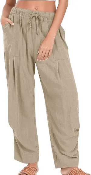 Summer Pants for Womens Cotton Linen Drawstring Straight Leg Trousers Loose Fit Breathable Outing Pants with Pockets