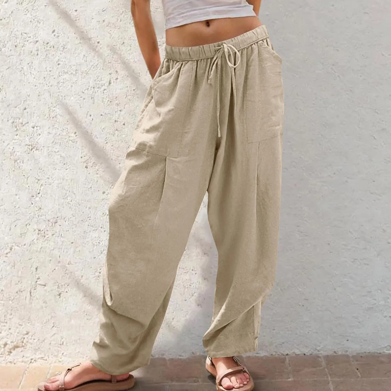Summer Pants for Womens Cotton Linen Drawstring Straight Leg Trousers Loose Fit Breathable Outing Pants with Pockets