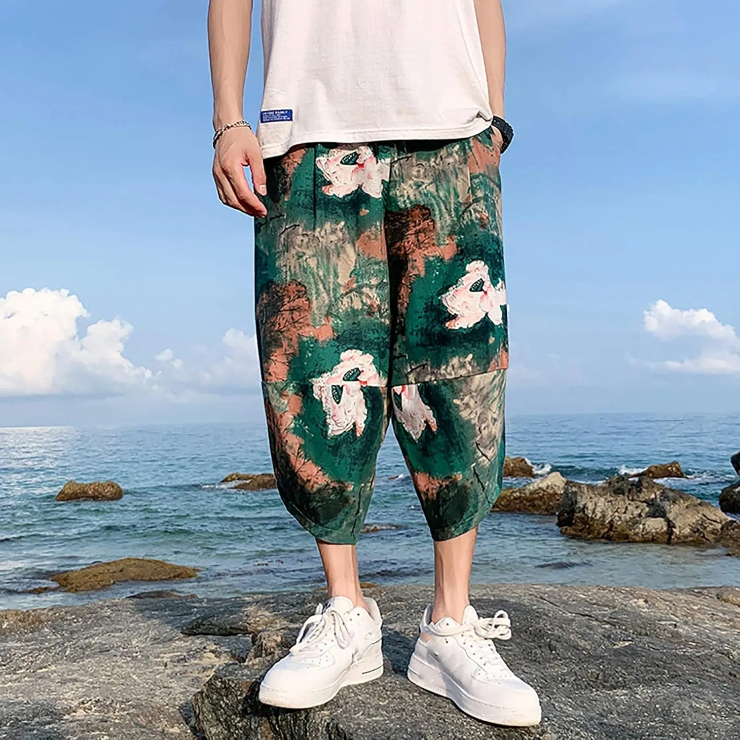 SUWBMHWE Mens Elastic Waist Pants, Men's Cotton-Linen Loose Casual Lightweight Elastic Waist Pants Home Pants