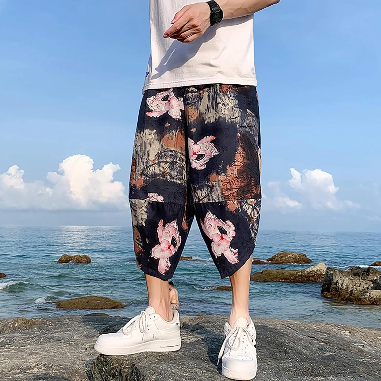 SUWBMHWE Mens Elastic Waist Pants, Men's Cotton-Linen Loose Casual Lightweight Elastic Waist Pants Home Pants