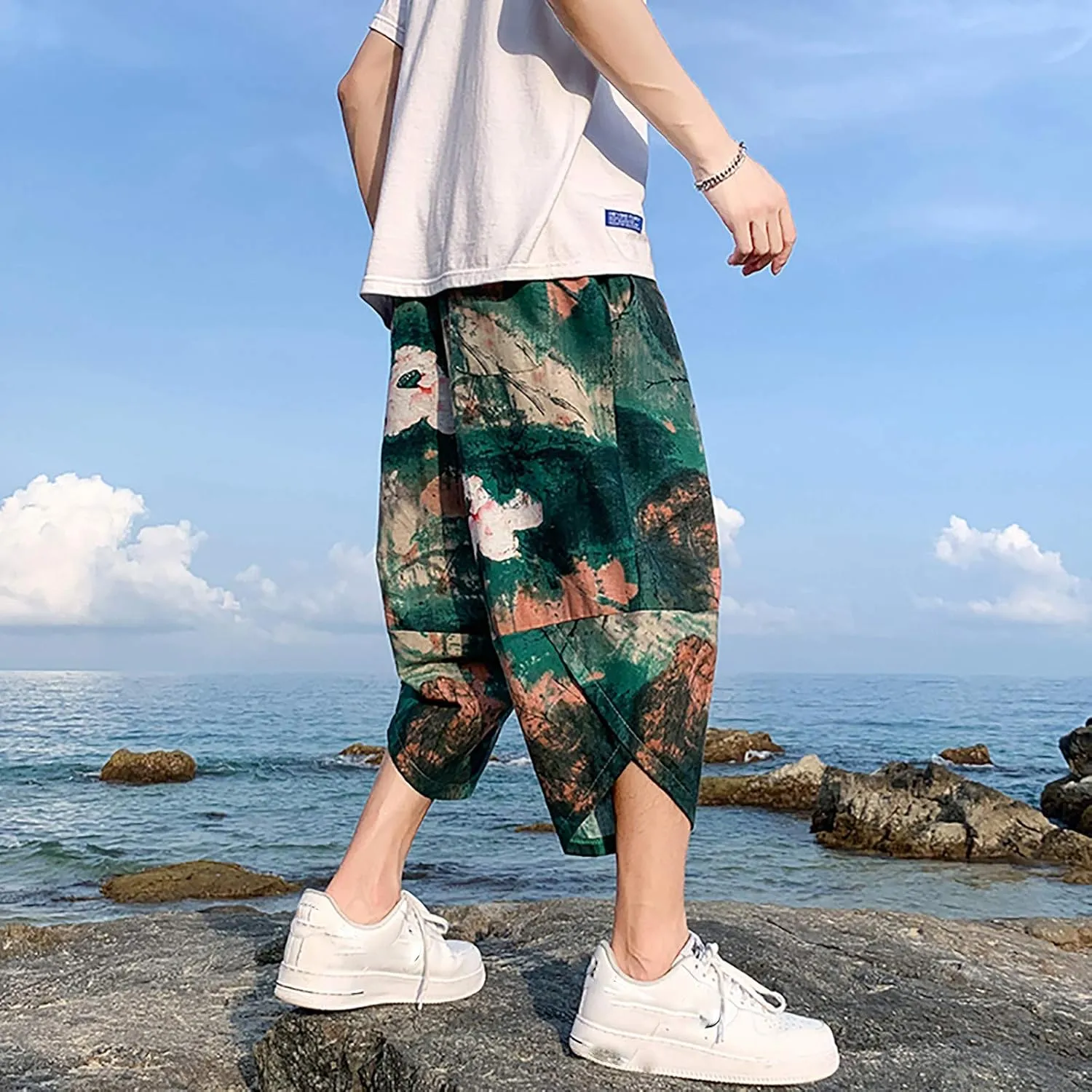 SUWBMHWE Mens Elastic Waist Pants, Men's Cotton-Linen Loose Casual Lightweight Elastic Waist Pants Home Pants