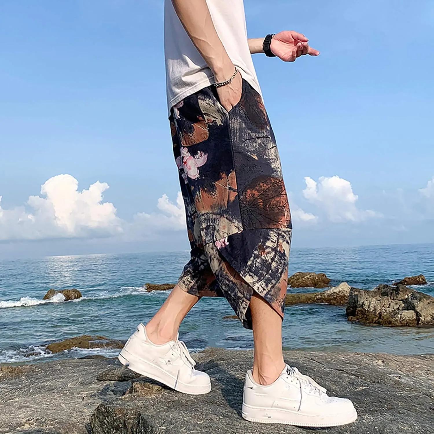 SUWBMHWE Mens Elastic Waist Pants, Men's Cotton-Linen Loose Casual Lightweight Elastic Waist Pants Home Pants