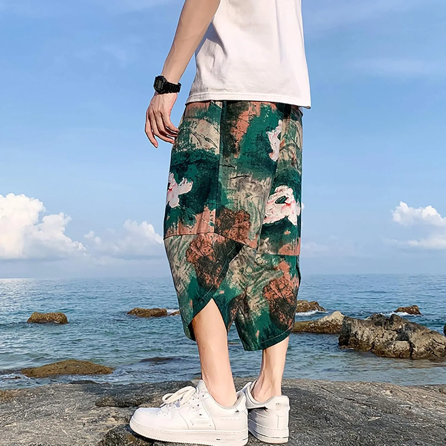 SUWBMHWE Mens Elastic Waist Pants, Men's Cotton-Linen Loose Casual Lightweight Elastic Waist Pants Home Pants